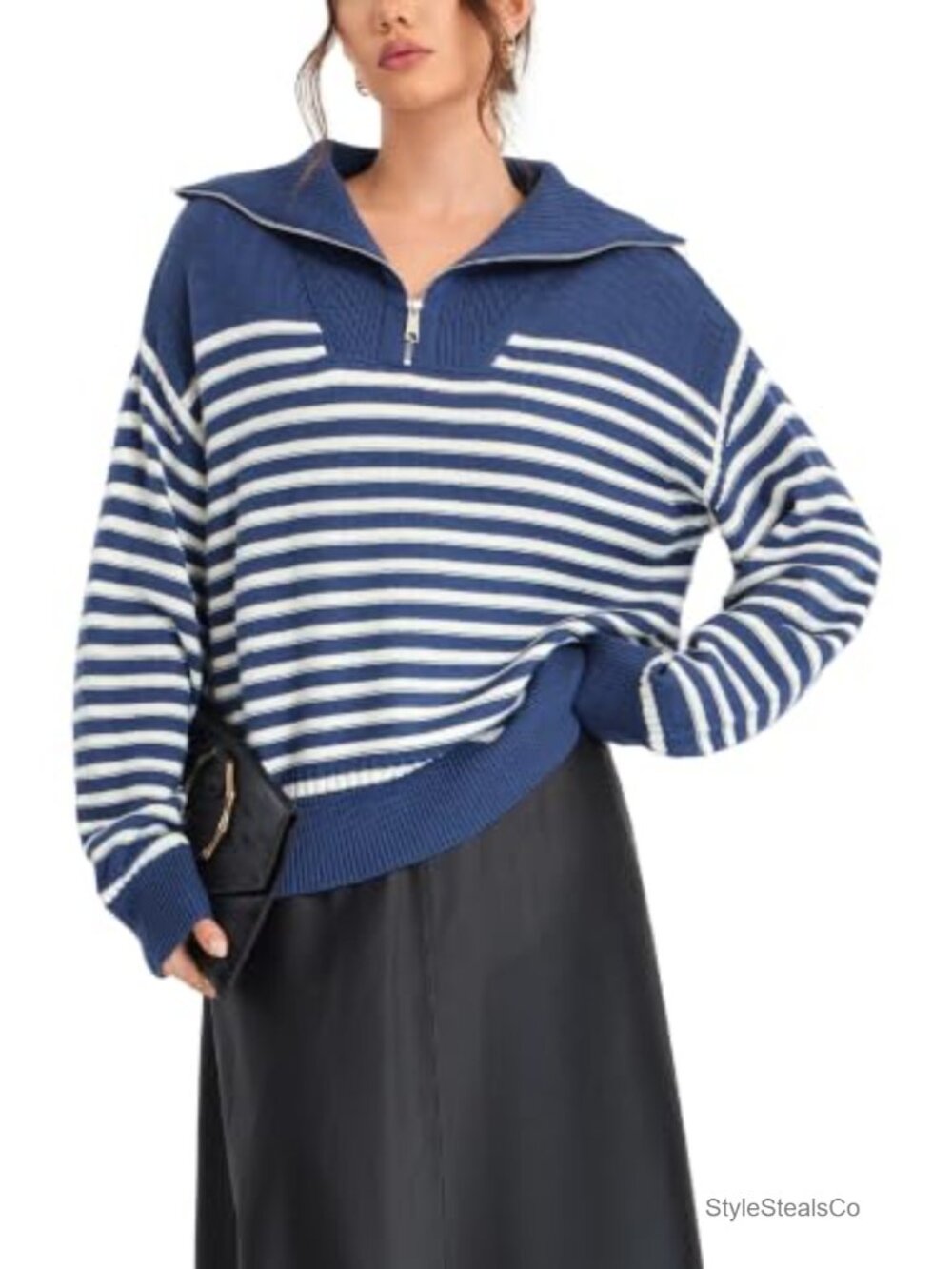 Wool Blend Quarter Zip Sweater Striped Collared Knit Pullover